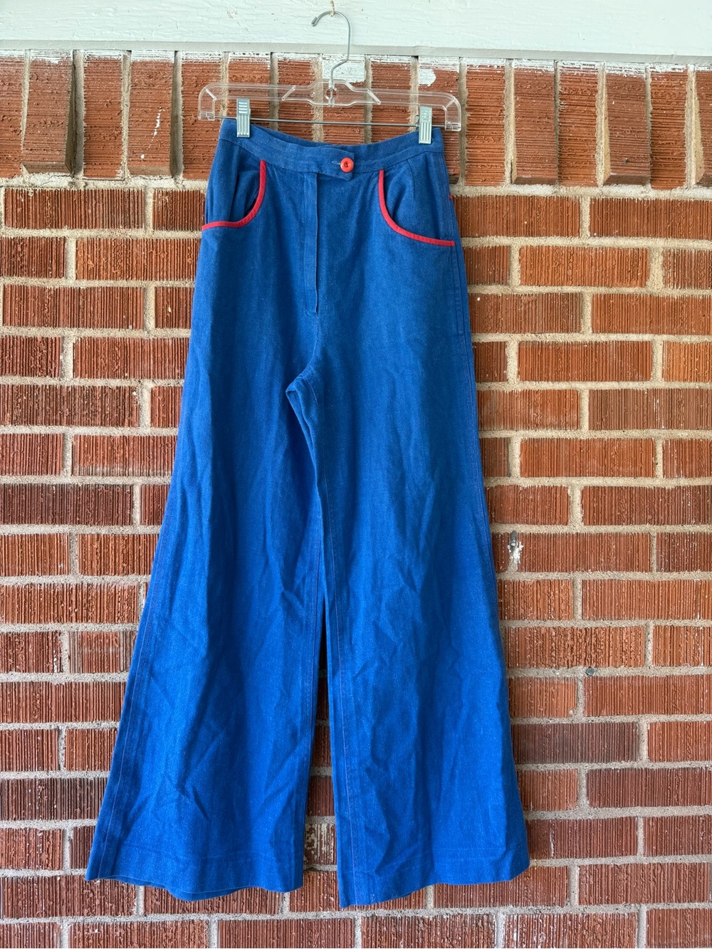70s handmade super high rise denim flared with red trim